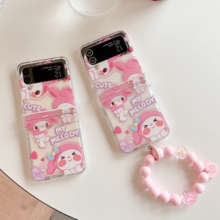 เคสโทรศัพท์มือถือแบบแข็ง กันกระแทก ลายการ์ตูนเมโลดี้ สีชมพู พร้อมสายโซ่คล้อง สําหรับ Samsung Galaxy Z Flip 4 5G 3in1 Z Flip 3 Flip 5