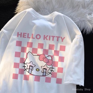 เสื้อยืดแขนสั้น พิมพ์ลาย Hello Kitty ทรงหลวม เข้ากับทุกชุด แฟชั่นฤดูร้อน สําหรับเด็กผู้หญิง