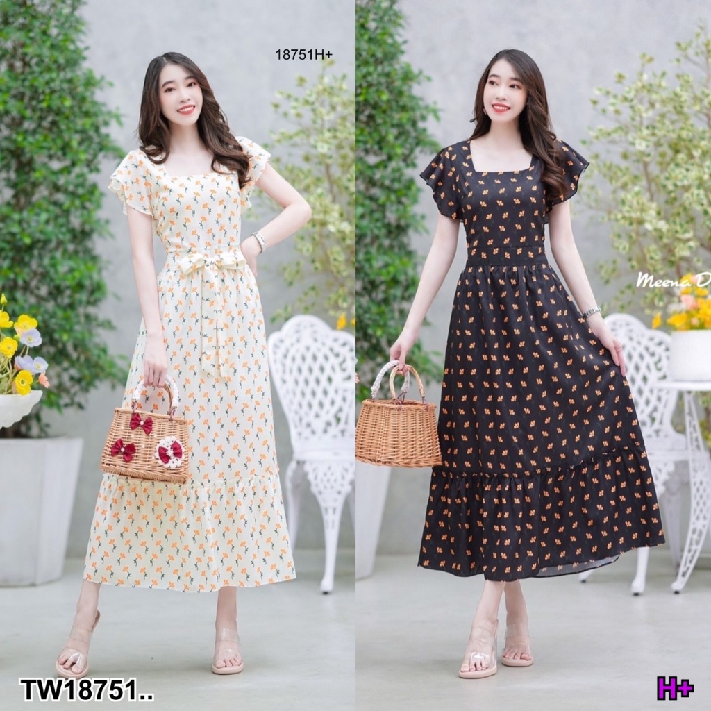 s4u-พร้อมส่ง-maxi-dress-ลายดอกเล็กทรงคอเหลี่ยม-เสื้อผ้าผู้หญิง-ชุดไปทะเล-ชุดเดรส-เสื้อผ้าสาวอวบ