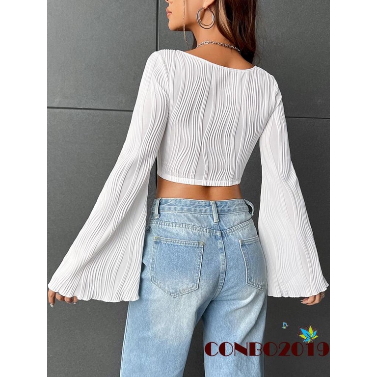 hgm-เสื้อครอปท็อปแขนยาว-คอตัก-เข้ารูป-สีพื้น-สไตล์สตรีท-สําหรับผู้หญิง