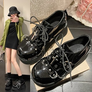 รองเท้าแพลตฟอร์ม หนังแมรี่เจน หัวแหลม ขนาดใหญ่ สีดํา สไตล์โกธิค พังก์เรโทร สําหรับผู้หญิง