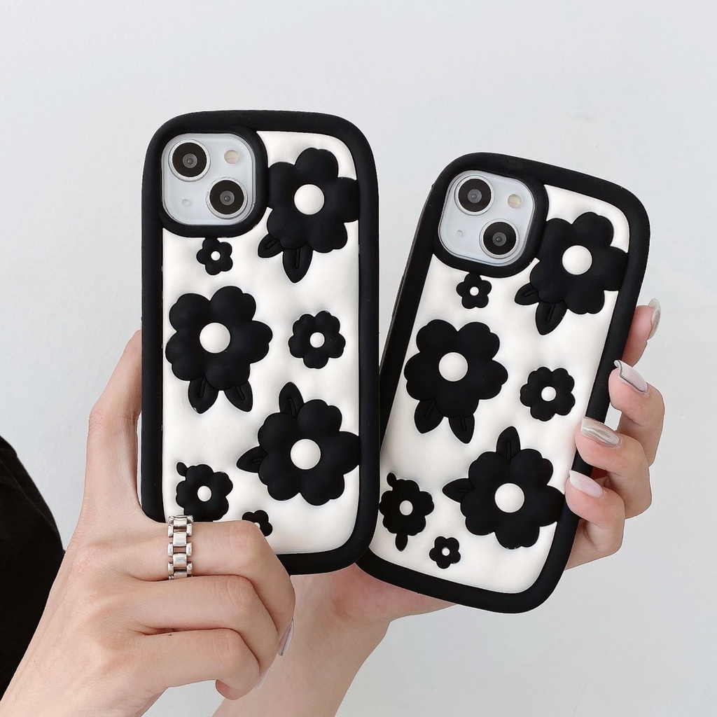 ใหม่-เคสโทรศัพท์มือถือ-ซิลิโคนนิ่ม-กันกระแทก-ลายการ์ตูนดอกไม้น่ารัก-สีดํา-สําหรับ-iphone-14-14pro-max-13-12pro-max-13pro-max-11