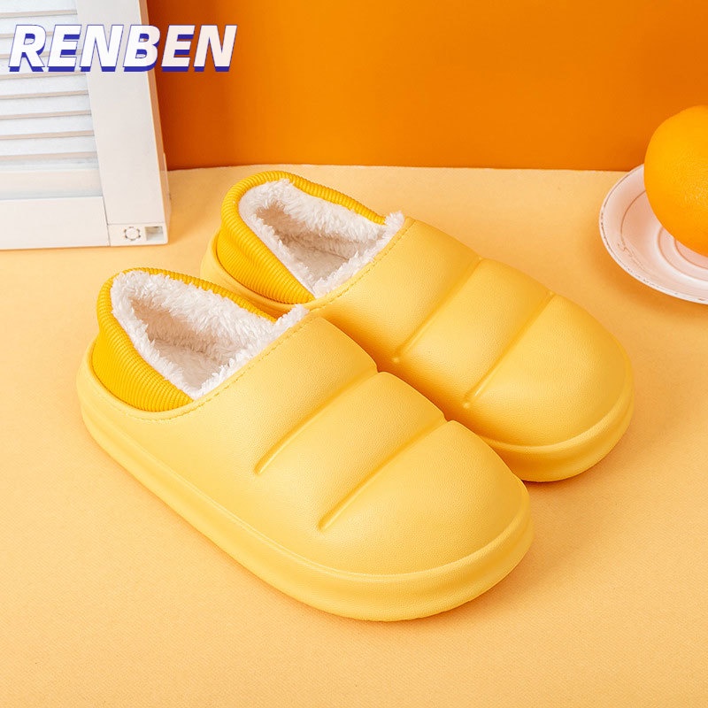 renbenรองเท้าแตะผ้าฝ้าย-ถุงเท้าสำหรับผู้หญิงเนื้อหนากันน้ำกันน้ำได้ดีสวมใส่ในฤดูหนาวพื้นรองเท้าหนานุ่มกันลื่นสำหรับสวมใส่ในบ้านรองเท้าแตะสำหรับตก-แต่งภายในบ้านสีใส