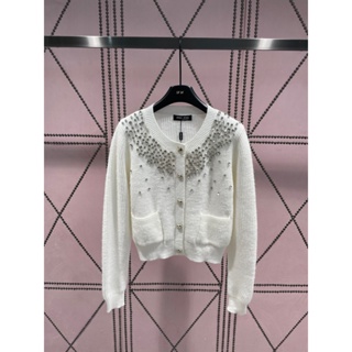 W2BS MIU MIU 2023 autumn and winter New Heavy Industry beaded Diamond decorative cardigan buckle round neck long sleeve knitted cardigan top for women
