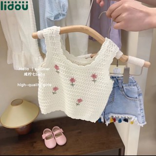 พร้อมส่ง ~ ชุดเสื้อแขนกุด ผ้าถัก และกางเกงยีนขาสั้น สําหรับเด็กผู้หญิง สองชิ้น