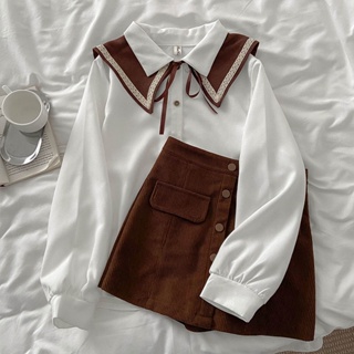 College style suit 2023 New Spring Womens small Hong Kong style vintage shirt with half skirt two sets