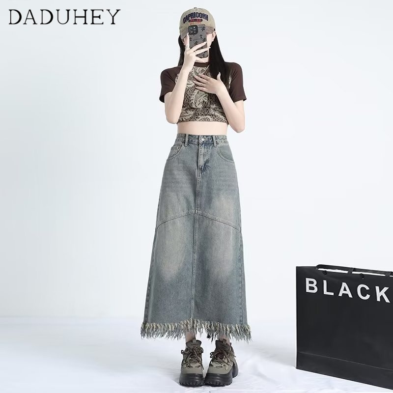 daduhey-new-korean-version-of-retro-denim-skirt-raw-edge-high-waist-loose-a-line-skirt-large-size-mid-length-skirt
