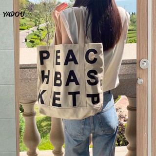 YADOU กระเป๋าผ้าแคนวาสลายโมโนแกรม Peachbasket วรรณกรรมนักเรียนและศิลปะการเดินทางกระเป๋าโท้ทความจุขนาดใหญ่ลำลองทุกคู่