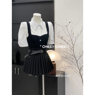 Korean Style Design Sense Polo Collar Short-sleeved Shirt Knitted Camisole Top High Waist Pleated Skirt Three-piece Set