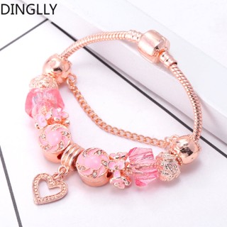 Dinglly สร้อยข้อมือ ลูกปัดคริสตัล รูปหัวใจ สีชมพู แฟชั่นสําหรับผู้หญิง Diy สีโรสโกลด์