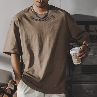 เสื้อยืดลําลอง แขนสั้น คอกลม ปักลายตัวอักษร ทรงหลวม ขนาดใหญ่ สีน้ําตาล แฟชั่นฤดูร้อน สไตล์เกาหลี สําหรับสตรี