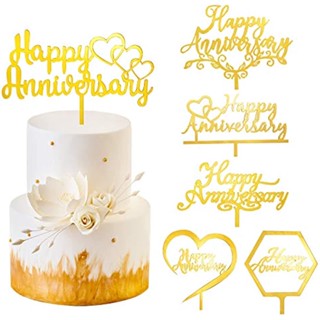 Kauayurk Happy Anniversary ของตกแต่งเค้ก ครบรอบแต่งงาน อะคริลิค สีทอง 10 ชิ้น