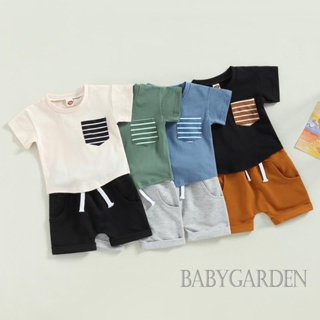Babygarden-0-3 ปี ชุดเสื้อผ้าเด็กผู้ชาย แขนสั้น คอกลม ลายทาง เสื้อยืด + กางเกงขาสั้น เอวยางยืด