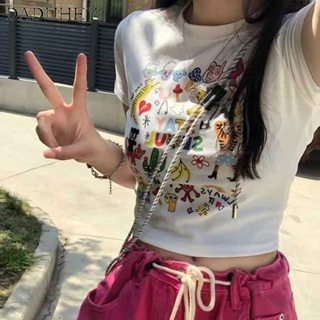 DaDuHey🎈 Summer New Retro Hot Girl Top Womens Design Sense Niche Short Short Sleeve T-shirt American Style Undershirt Crop Top