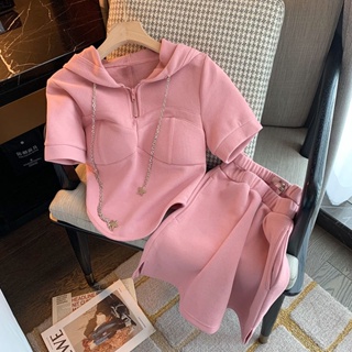 Pink Hooded Top Set Womens High-end Elegant 2023 Summer New Casual Sweet Age-reducing Skirt Two-piece Set