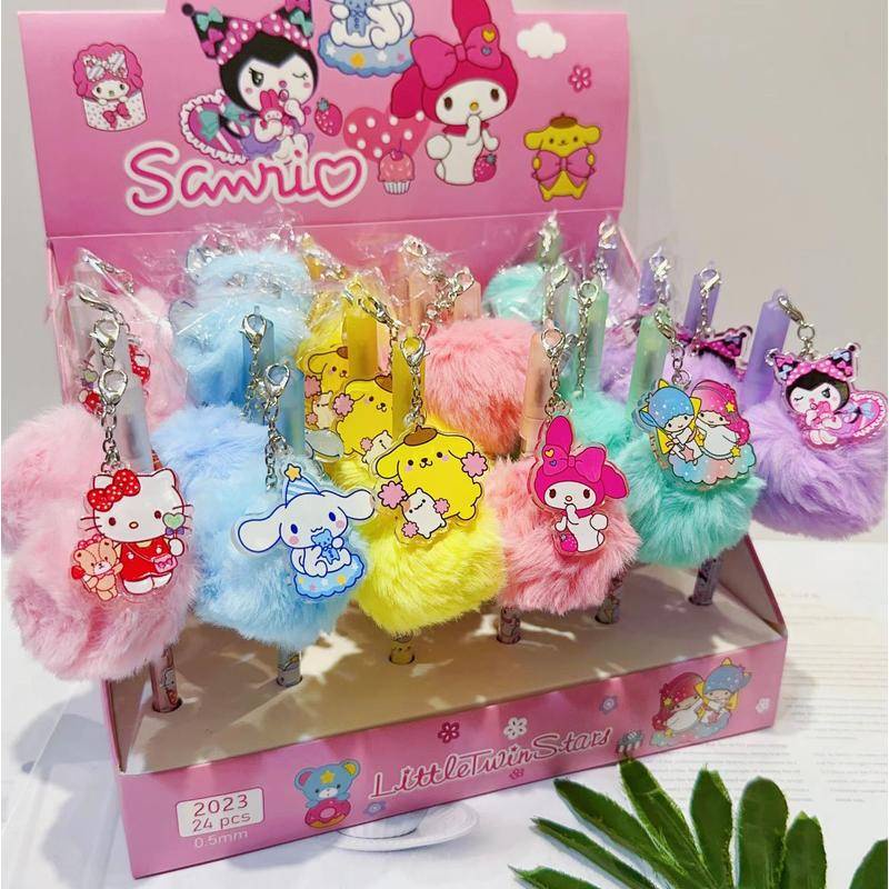 6-ชิ้น-sanrio-kawaii-plushh-mymelody-kuromi-cinnamoroll-little-twin-stars-จี้ตุ๊กตาบอลหมึกเจลปากกาน่ารักสําหรับโรงเรียนเครื่องเขียนสํานักงานเขียนอุปกรณ์คริสต์มาสของขวัญ