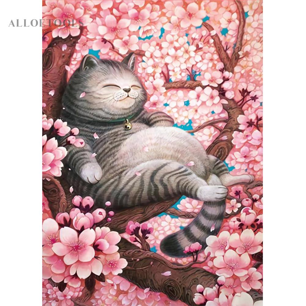 ชุดภาพวาดปักเพชร-พลอยเทียม-เรซิน-ทรงกลม-แนวโมเสก-รูปต้นเชอร์รี่-แมว-สําหรับตกแต่งบ้าน-alloetools-th