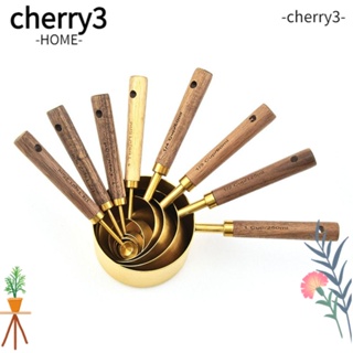 Cherry3 ชุดถ้วยตวง และช้อนตวง สเตนเลส ด้ามจับไม้ 8 ชิ้น