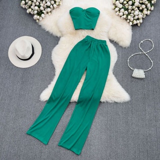 Fashion Suit Female Spice Girls Sexy Strapless Sleeveless Slim Top Two-Piece High Waist Drop Straight Casual Pants
