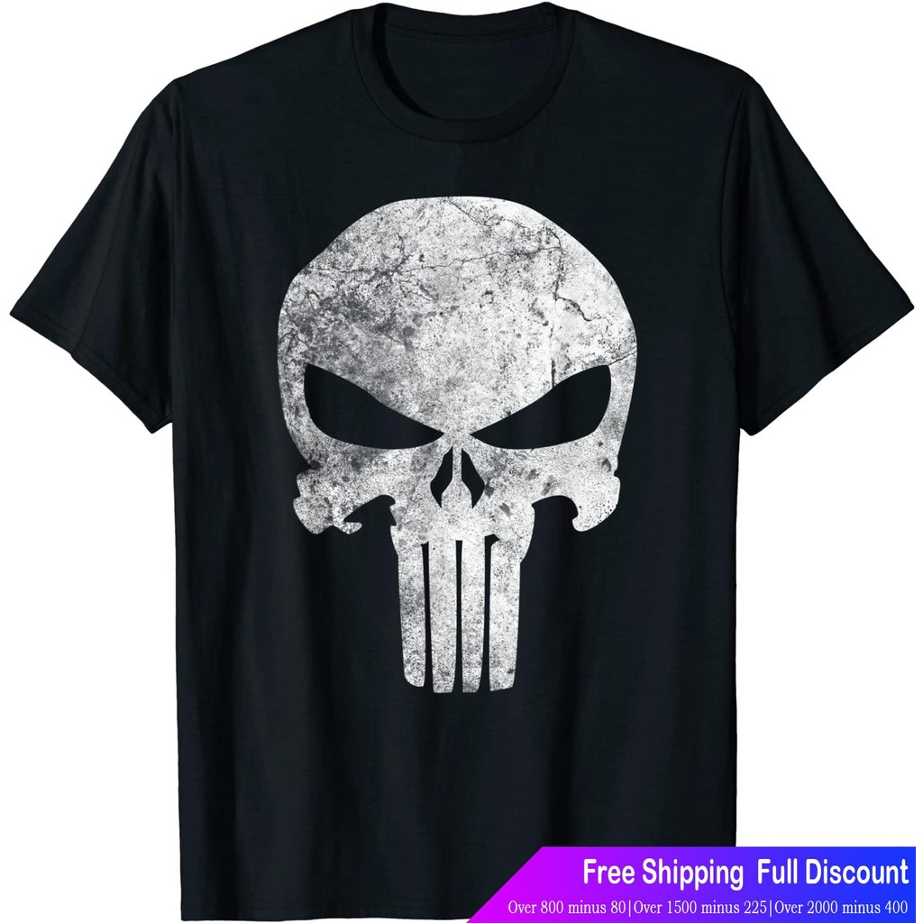 เสือยืดผู้ชาย-เสื้อบอดี้โ-marvel-punisher-skull-symbol-distressed-t-shirt-marvel-mens
