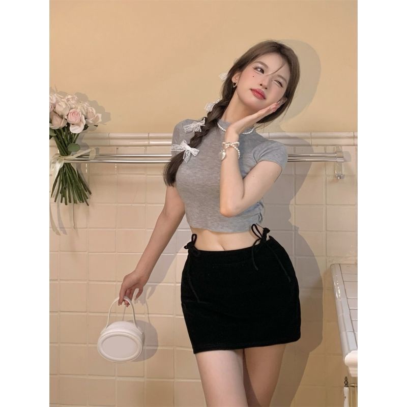 เสื้อยืดคอกลม-แขนสั้น-สีพื้น-เซ็กซี่-สไตล์เกาหลี-สําหรับผู้หญิง