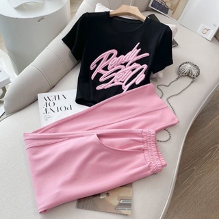 Internet Celebrant Sports Casual Suit Womens Summer 2023 New Fashion Western-style Embroidered Short-sleeved T-shirt Wide-leg Pants Two-piece Set