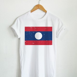 เสื้อยืดลาย ธงชาติลาว ประเทศลาว Laos Flag เสื้อยืดสกรีน แขนสั้น คอกลม