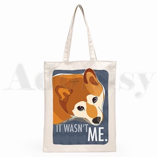 กระเป๋าช้อปปิ้ง ผ้าแคนวาส พิมพ์ลายสุนัขชิบะอินุน่ารัก แบบเรียบง่าย สไตล์ญี่ปุ่น สําหรับเด็กผู้หญิง A64C