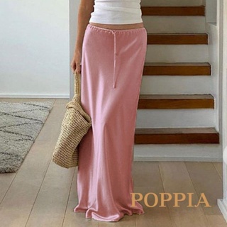 Poppia- กระโปรงยาว ผ้าซาติน ยืดหยุ่น สีพื้น แฟชั่นฤดูร้อน สําหรับผู้หญิง ไปคลับ ชายหาด