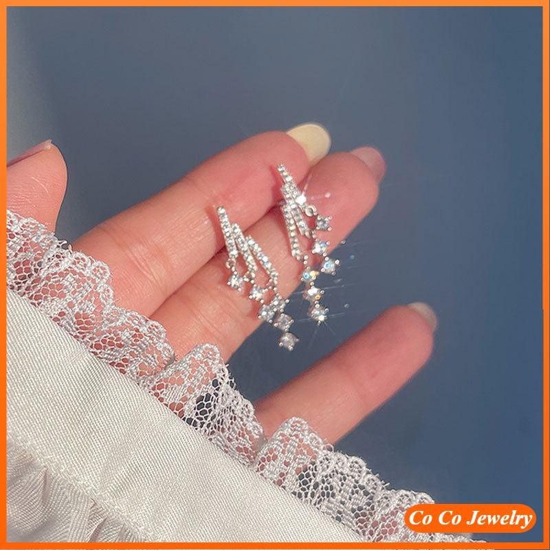 Jojo COCO ต่างหูเข็มเงิน S925 ประดับเพทาย พู่ละเอียดอ่อน สไตล์เกาหลี