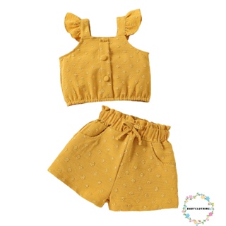 Babyclom- ชุดเสื้อแขนกุด แต่งกระดุม และกางเกงขาสั้น สีเหลือง แฟชั่นฤดูร้อน สําหรับเด็กผู้หญิง
