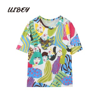 Uibey เสื้อคอกลม พิมพ์ลาย ทรงหลวม แฟชั่น 134