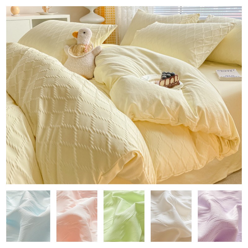 4-in-1-seersucker-jacquard-ชุดเครื่องนอน-ผ้าฝ้าย-สีเหลืองบริสุทธิ์-ผ้าปูที่นอน-ขนาดคิงไซซ์-ควีนไซซ์-ปลอกหมอน-ผ้าปูที่นอน-ปลอกหมอน