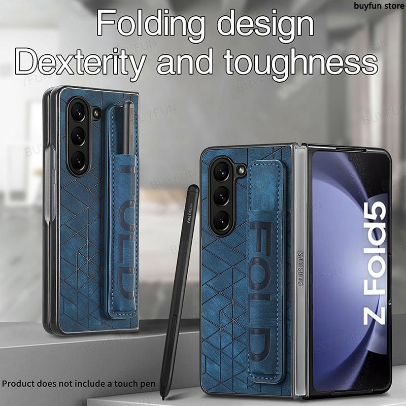 for-samsung-z-fold-5-5g-zfold5-pen-slot-leather-case-wriststrap-shockproof-cover