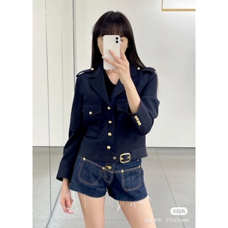 QJ6A C- ELINE 2023 Navy style golden buckle lapel short premium all-match wool jacket jacket