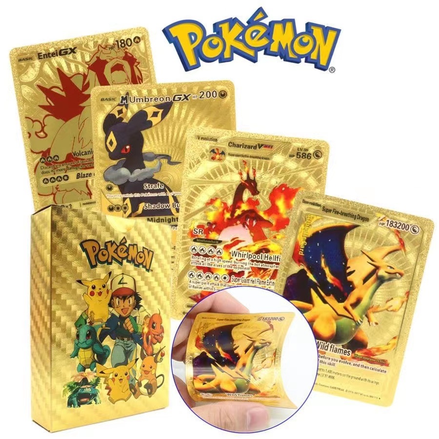 การ์ดโปเกม่อน-เมทัลลิก-vmax-gx-charizard-pikachu-rare-สีทอง-เหมาะกับของขวัญ-ของเล่นสําหรับเด็ก-55-ชิ้น