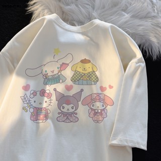 Walkie เสื้อยืดแขนสั้นลําลอง พิมพ์ลายการ์ตูนอนิเมะ Kuromi Cinnamoroll น่ารัก ทรงหลวม เหมาะกับของขวัญวันเกิด แฟชั่นฤดูร้อ