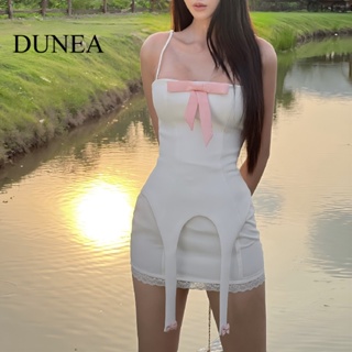 Dunea ชุดเสื้อท็อป คอผูกโบว์ และกระโปรง แต่งลูกไม้ สําหรับผู้หญิง