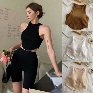 เสื้อครอปท็อป สายเดี่ยว เสริมฟองน้ํา เข้ารูป สีพื้น สําหรับผู้หญิง