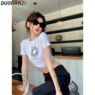 Duohanzi เสื้อยืด แขนสั้น พิมพ์ลาย สีดํา สไตล์เรโทร อเมริกัน ฤดูร้อน สําหรับผู้หญิง