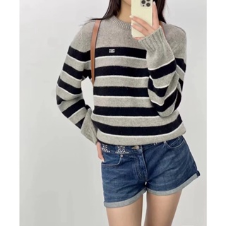 J8OM CEL Beaute 2023 autumn and winter New striped intercolor embroidered round neck long sleeve loose pullover sweater womens casual fashion all-match