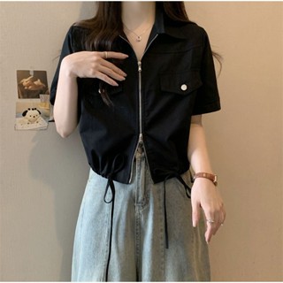 เสื้อเชิ้ตแขนสั้นลําลอง แต่งซิป แฟชั่นฤดูร้อน แบบเรียบง่าย สําหรับผู้หญิง