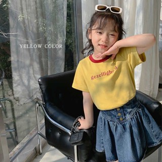 พร้อมส่ง ขายดี เสื้อยืดแขนสั้น ผ้าฝ้ายแท้ พิมพ์ลายตัวอักษร สีตัดกัน เข้ากับทุกการแต่งกาย สไตล์เกาหลี ญี่ปุ่น ฤดูร้อน สําหรับเด็กผู้หญิง