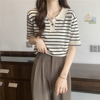 [พร้อมส่ง] ใหม่ เสื้อยืดโปโล แขนสั้น ผ้าเรยอน ลายทาง ทรงหลวม บาง เหมาะกับฤดูใบไม้ร่วง สําหรับผู้หญิง 2022