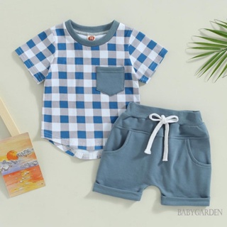 Babygarden-0-3 ปี ชุดเสื้อผ้าเด็กผู้ชาย ฤดูร้อน ชุดเสื้อยืดแขนสั้น ลายสก๊อต + กระเป๋าเต้านม ยางยืด รีดชายเสื้อ กางเกงขาสั้น