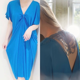 Annebra ชุดนอน ตัวยาว ผ้าซินเทล แต่งลูกไม้ด้านหลัง Maxi Nightwear รุ่น AN8-655 สีฟ้า, สีครีม