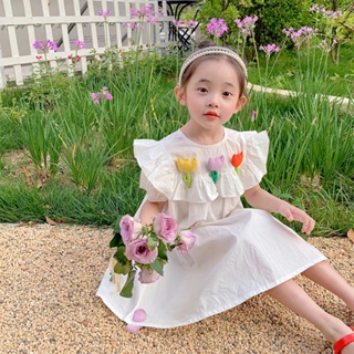 ชุดเดรสเจ้าหญิง ลายดอกไม้ สีขาว สําหรับเด็กผู้หญิง อายุ 1-7 ปี