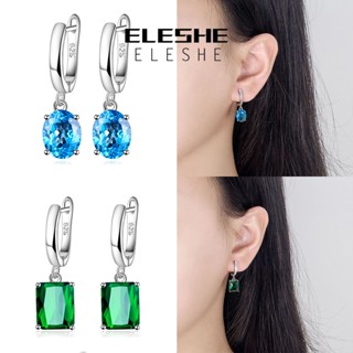 Eleshe Jewelry ต่างหูห่วง เงิน 932 รูปหัวใจ ประดับเพชร มรกต สําหรับผู้หญิง M038