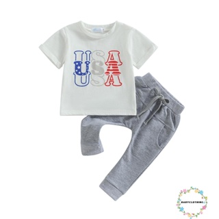 Babyclothes- ชุดเสื้อยืด แขนสั้น พิมพ์ลายตัวอักษร และกางเกงวอร์ม ผ้ายืด ลําลอง วันประกาศอิสรภาพ ฤดูร้อน สําหรับเด็กผู้ชาย