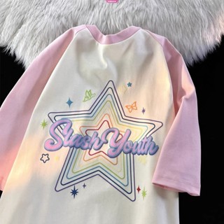 เสื้อยืดแขนสั้น เปิดไหล่ ทรงหลวม ลายการ์ตูนน่ารัก สไตล์วินเทจ อเมริกัน เหมาะกับฤดูร้อน สําหรับผู้หญิง